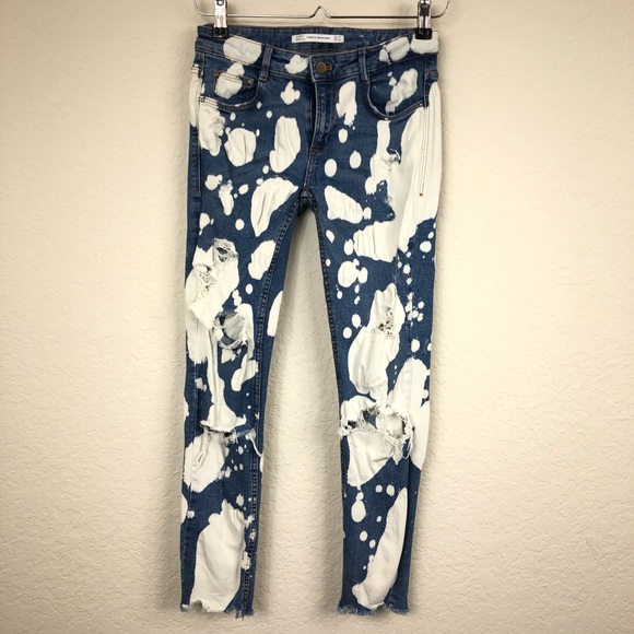 Zara Trafaluc Denim Bleached Distressed Jeans Sz 4